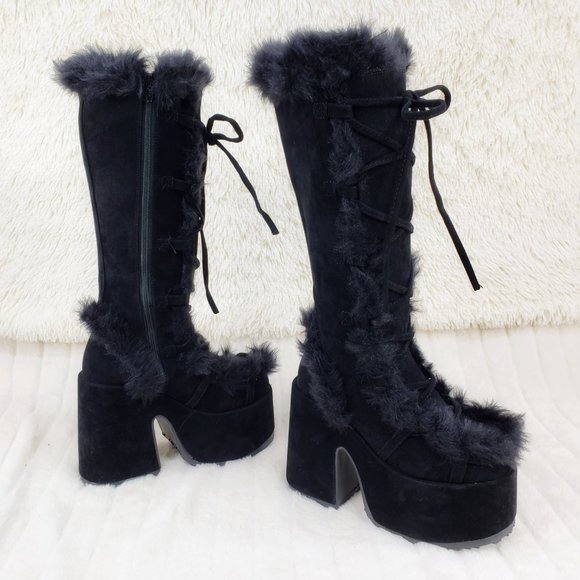 Camel 311 Black furry goth punk Platform Knee Boot - Picture 4 of 10